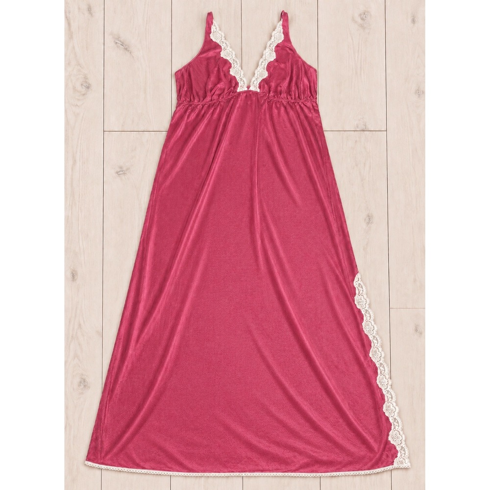 Vintage JCPenney Nightgown Pink Lace Trim Maxi Sleepwear Retro Lingerie Large